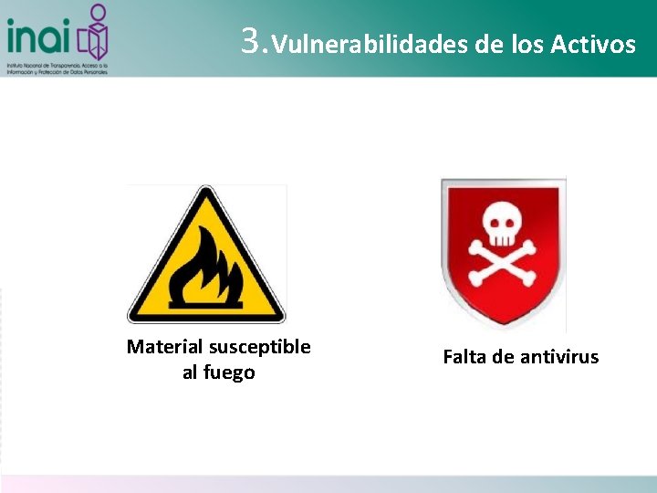 3. Vulnerabilidades de los Activos Material susceptible al fuego Falta de antivirus 