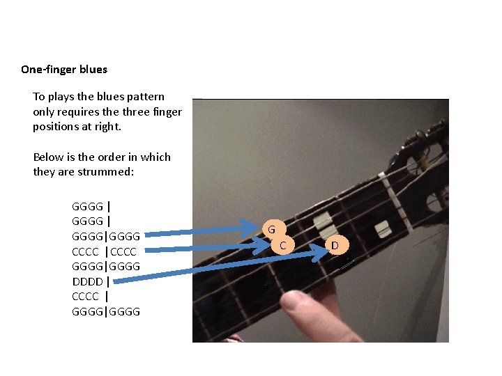 One-finger blues To plays the blues pattern only requires the three finger positions at