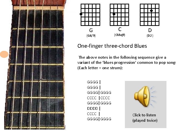 G (G 6/9) C (CMaj 9) D (D 2 ) One-finger three-chord Blues The