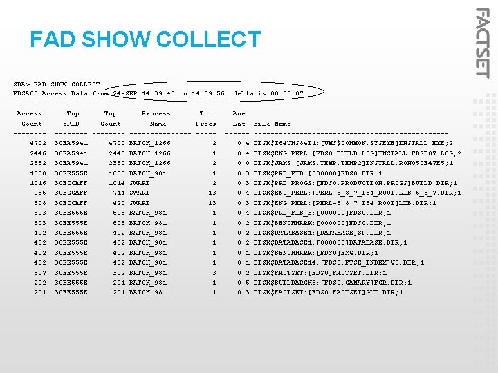 FAD SHOW COLLECT SDA> FAD SHOW COLLECT FDSA 08 Access Data from 24 -SEP
