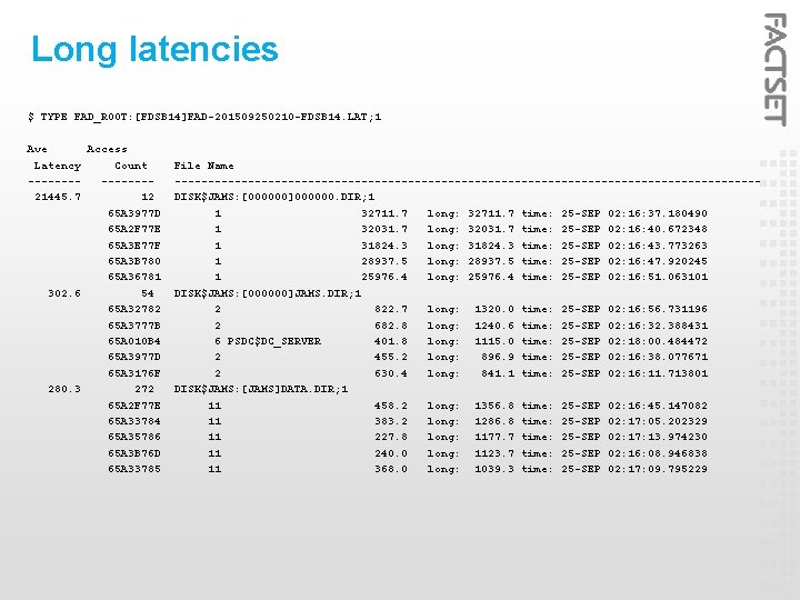 Long latencies $ TYPE FAD_ROOT: [FDSB 14]FAD-201509250210 -FDSB 14. LAT; 1 Ave Access Latency