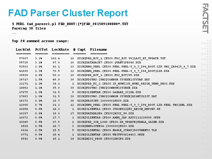 FAD Parser Cluster Report $ PERL fad_parserl. pl FAD_ROOT: [*]FAD_201509100000*. TXT Parsing 38 files