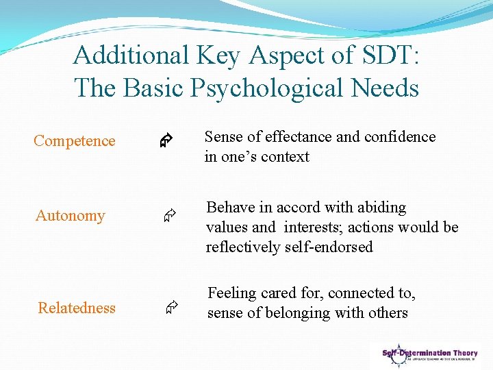 Additional Key Aspect of SDT: The Basic Psychological Needs Competence Sense of effectance and