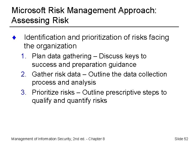 Microsoft Risk Management Approach: Assessing Risk ¨ Identification and prioritization of risks facing the