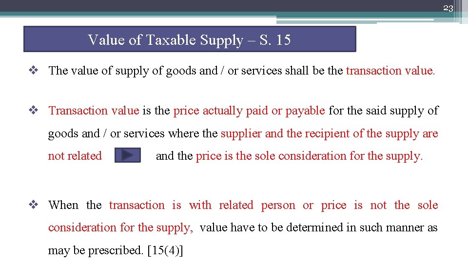 23 Value of Taxable Supply – S. 15 v The value of supply of