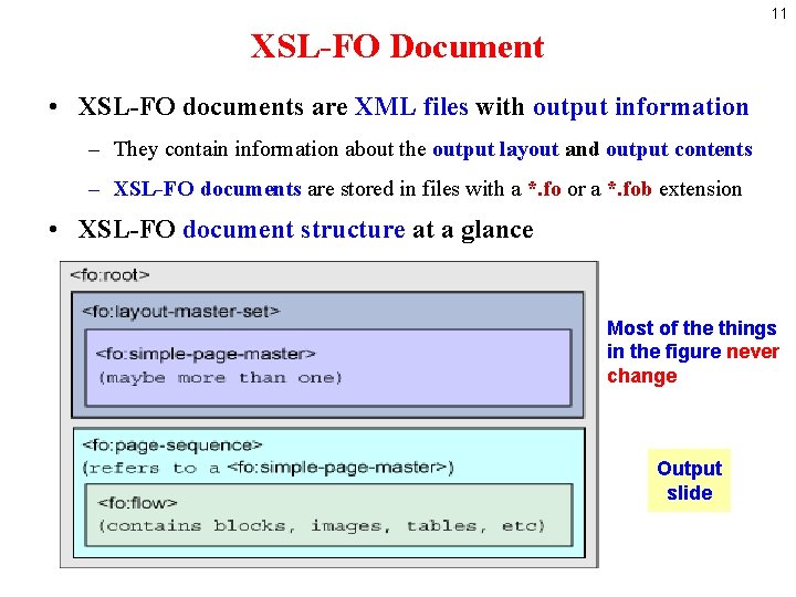 11 XSL-FO Document • XSL-FO documents are XML files with output information – They