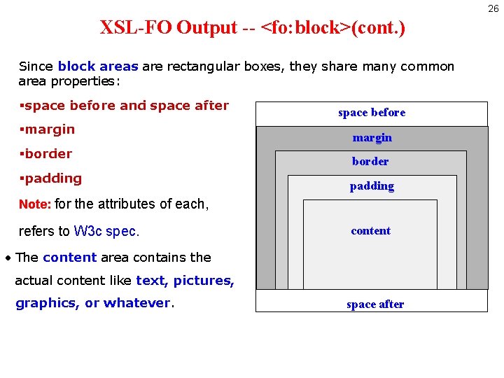 26 XSL-FO Output -- <fo: block>(cont. ) Since block areas are rectangular boxes, they