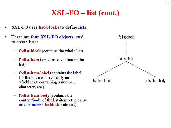 33 XSL-FO – list (cont. ) • XSL-FO uses list-blocks to define lists •