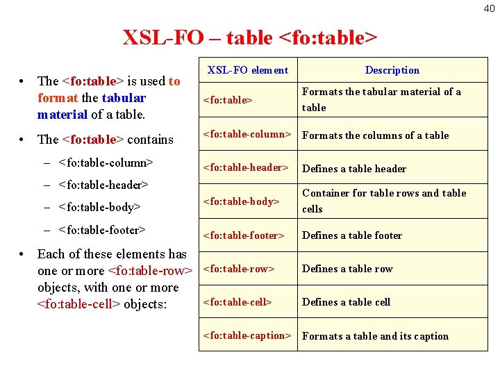 40 XSL-FO – table <fo: table> XSL-FO element Description • The <fo: table> is