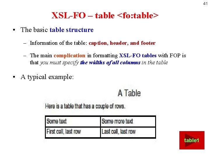 41 XSL-FO – table <fo: table> • The basic table structure – Information of