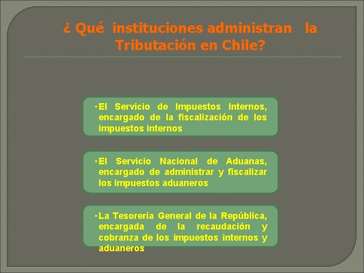 ¿ Qué instituciones administran la Tributación en Chile? • El Servicio de Impuestos Internos,
