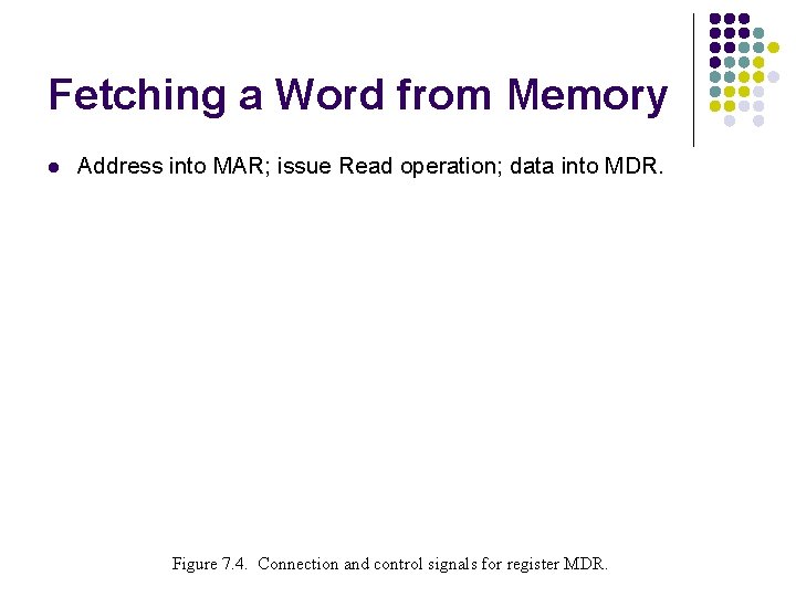 Fetching a Word from Memory l Address into MAR; issue Read operation; data into
