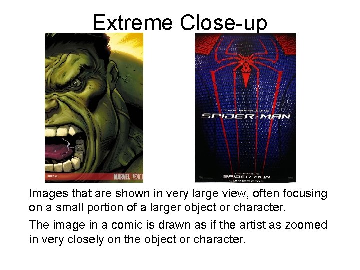 Extreme Close-up Images that are shown in very large view, often focusing on a