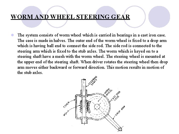 WORM AND WHEEL STEERING GEAR l The system consists of worm wheel which is