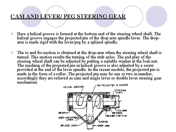 CAM AND LEVER/ PEG STEERING GEAR l Here a helical groove is formed at