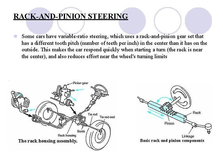 RACK-AND-PINION STEERING l Some cars have variable-ratio steering, which uses a rack-and-pinion gear set