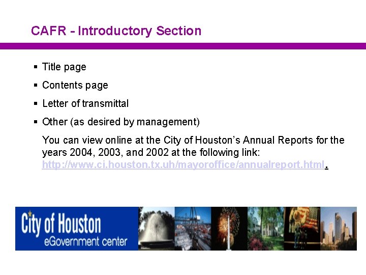 CAFR - Introductory Section § Title page § Contents page § Letter of transmittal