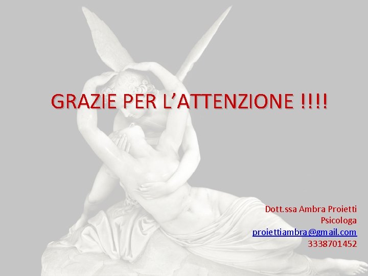 GRAZIE PER L’ATTENZIONE !!!! Dott. ssa Ambra Proietti Psicologa proiettiambra@gmail. com 3338701452 