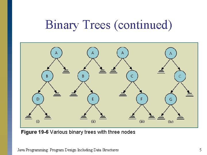 Binary Trees (continued) Figure 19 -6 Various binary trees with three nodes Java Programming: