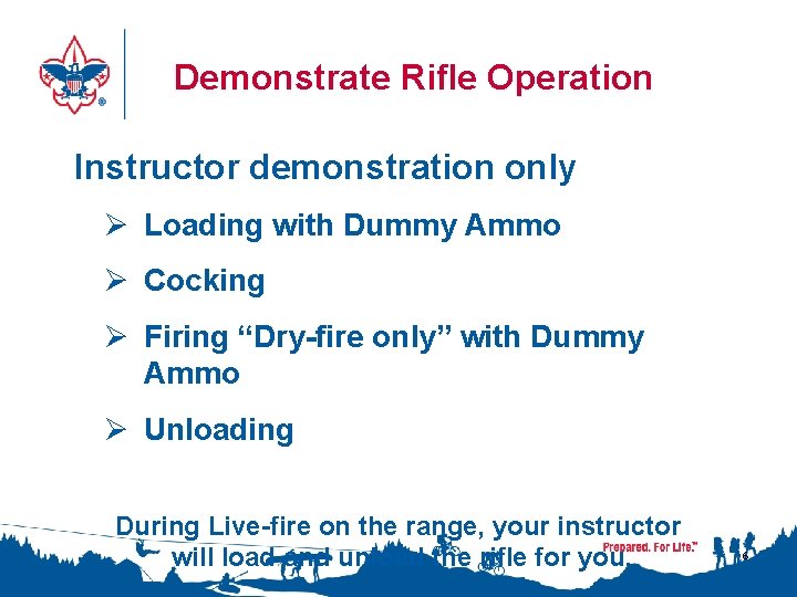 Demonstrate Rifle Operation Instructor demonstration only Ø Loading with Dummy Ammo Ø Cocking Ø