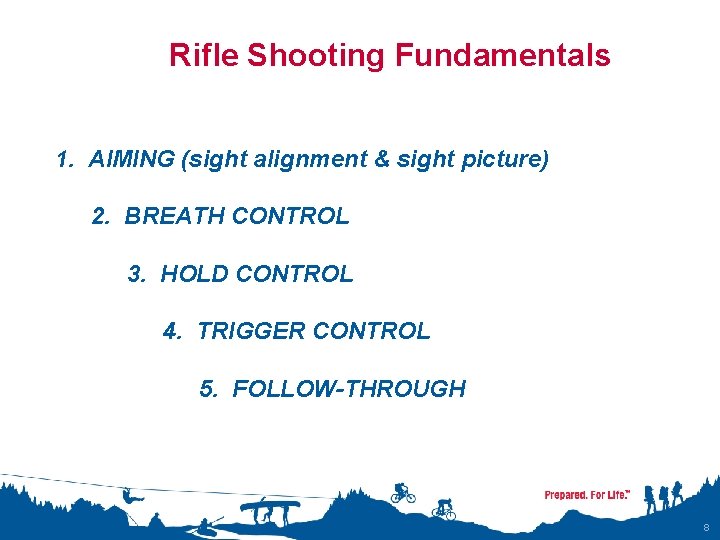 Rifle Shooting Fundamentals 1. AIMING (sight alignment & sight picture) 2. BREATH CONTROL 3.