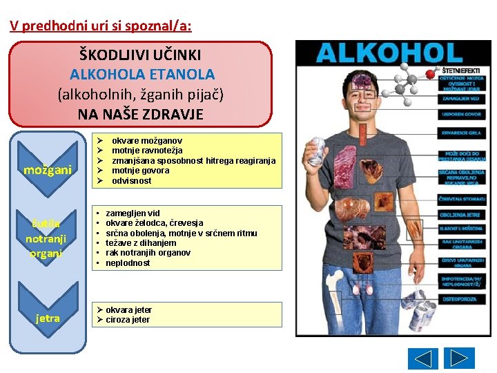 V predhodni uri si spoznal/a: ŠKODLJIVI UČINKI ALKOHOLA ETANOLA (alkoholnih, žganih pijač) NA NAŠE