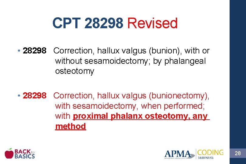 CPT 28298 Revised • 28298 Correction, hallux valgus (bunion), with or without sesamoidectomy; by