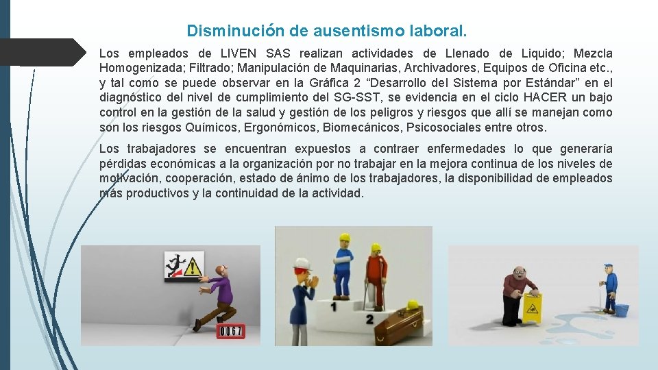 Disminución de ausentismo laboral. Los empleados de LIVEN SAS realizan actividades de Llenado de