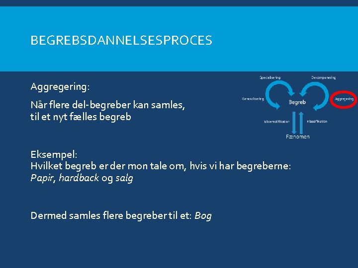 BEGREBSDANNELSESPROCES Aggregering: Når flere del-begreber kan samles, til et nyt fælles begreb Eksempel: Hvilket