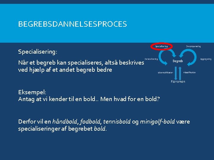 BEGREBSDANNELSESPROCES Specialisering: Når et begreb kan specialiseres, altså beskrives ved hjælp af et andet