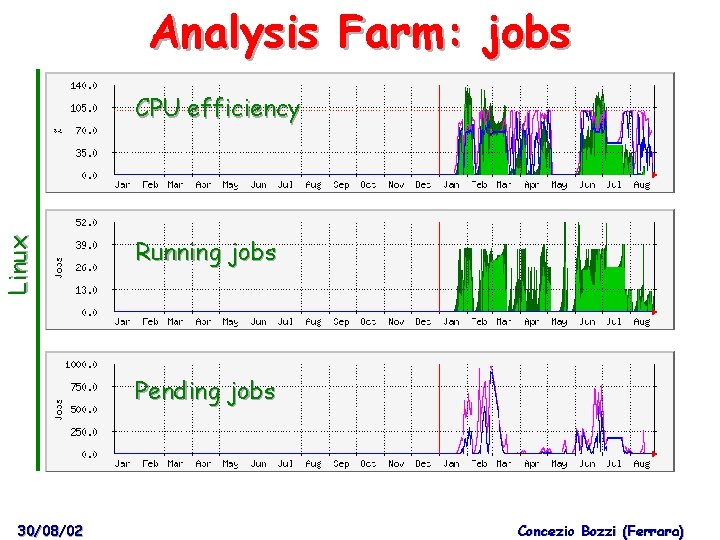 Analysis Farm: jobs Linux CPU efficiency Running jobs Pending jobs 30/08/02 Concezio Bozzi (Ferrara)