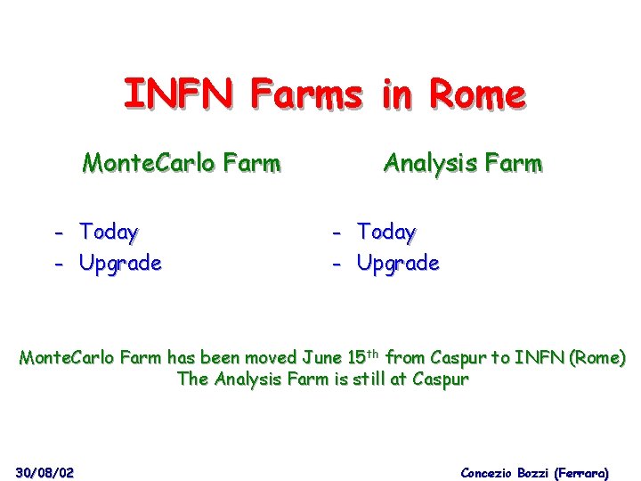 INFN Farms in Rome Monte. Carlo Farm - Today - Upgrade Analysis Farm -