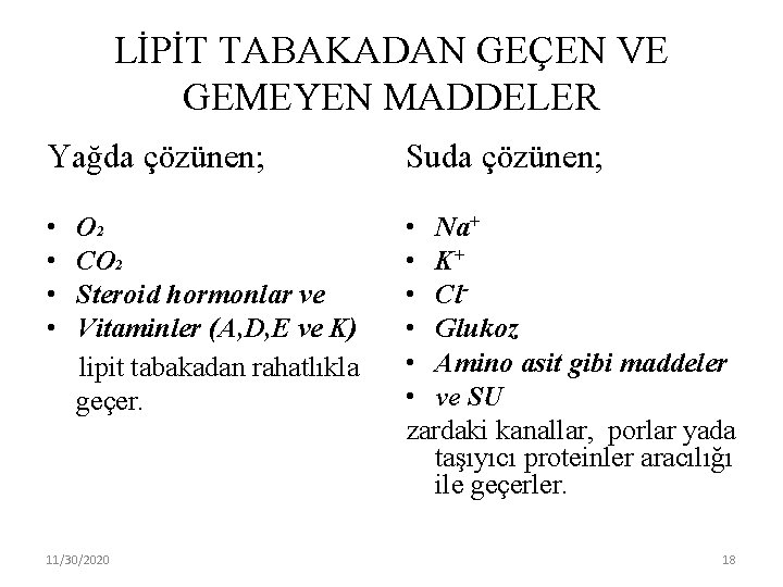 LİPİT TABAKADAN GEÇEN VE GEMEYEN MADDELER Yağda çözünen; Suda çözünen; • O 2 •