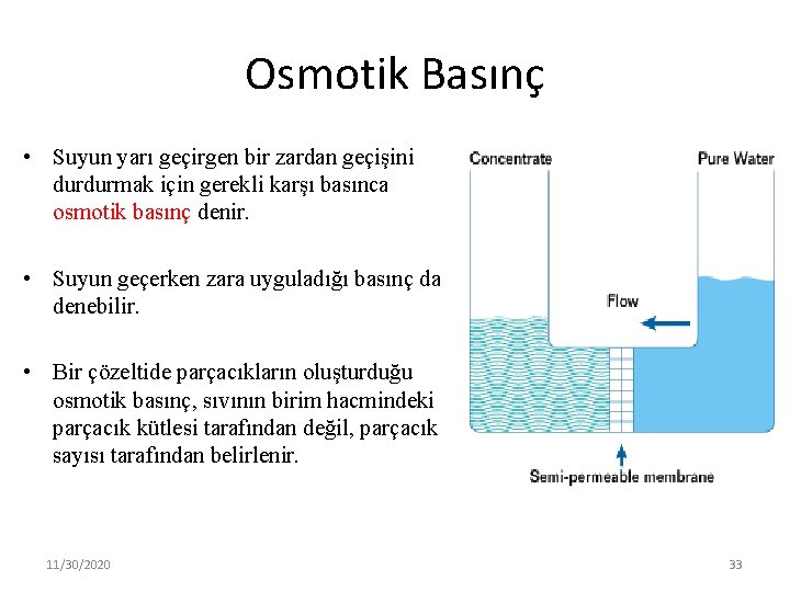 Osmotik Basınç • Suyun yarı geçirgen bir zardan geçişini durdurmak için gerekli karşı basınca