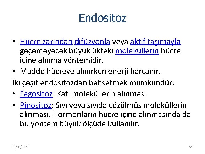 Endositoz • Hücre zarından difüzyonla veya aktif taşımayla geçemeyecek büyüklükteki moleküllerin hücre içine alınma