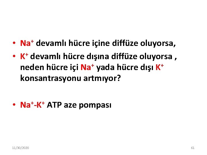 • Na+ devamlı hücre içine diffüze oluyorsa, • K+ devamlı hücre dışına diffüze