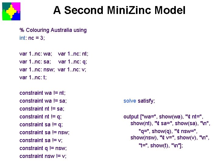 A Second Mini. Zinc Model % Colouring Australia using int: nc = 3; var