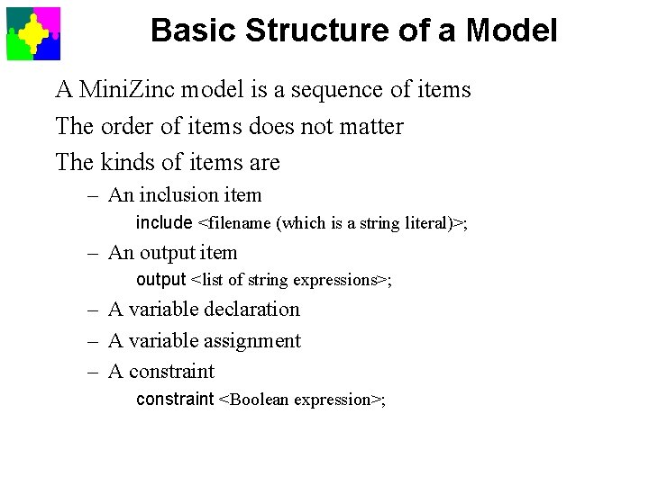 Basic Structure of a Model A Mini. Zinc model is a sequence of items