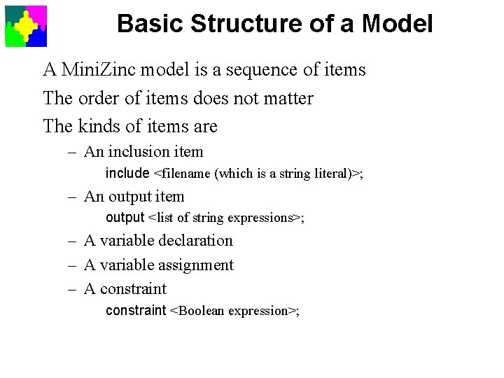 Basic Structure of a Model A Mini. Zinc model is a sequence of items