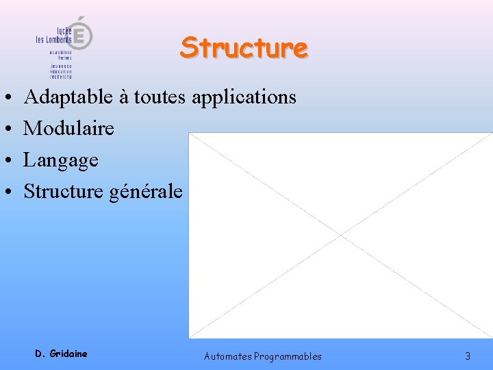 Structure • • Adaptable à toutes applications Modulaire Langage Structure générale D. Gridaine Automates