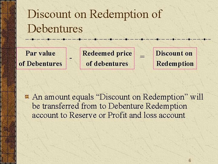 Discount on Redemption of Debentures Par value of Debentures - Redeemed price of debentures