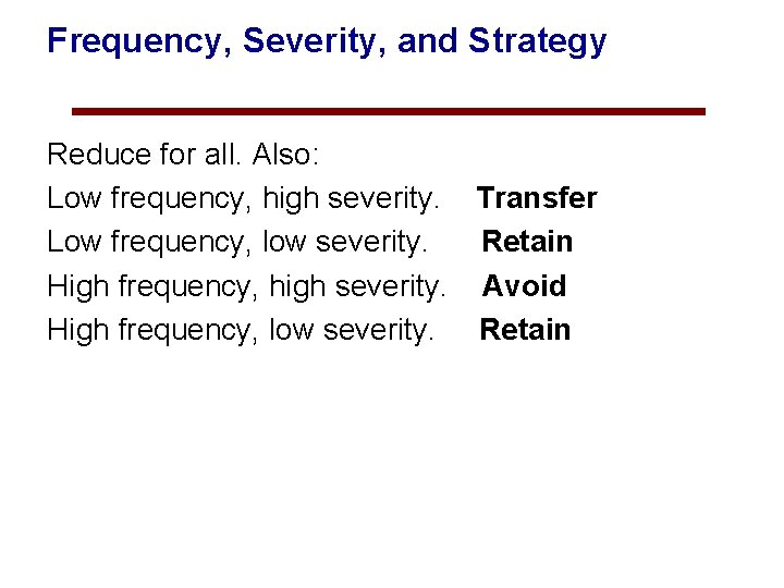 Frequency, Severity, and Strategy Reduce for all. Also: Low frequency, high severity. Transfer Low