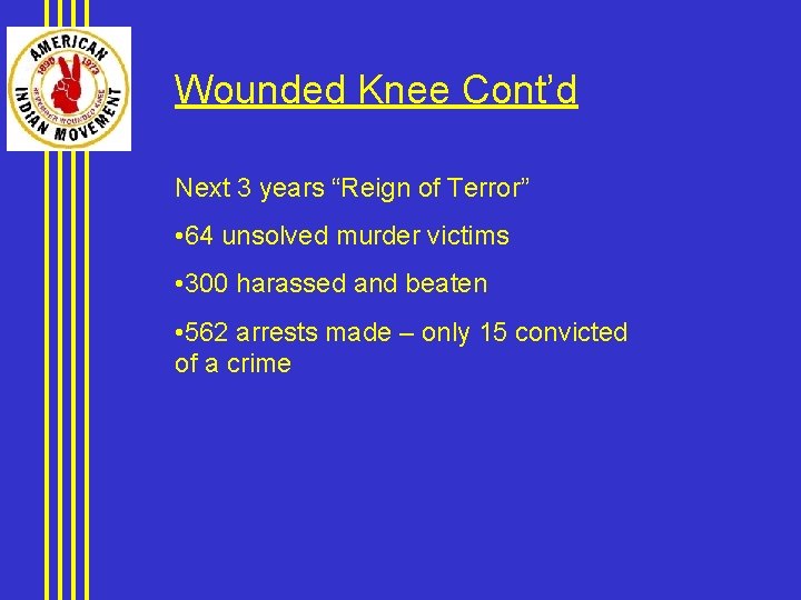 Wounded Knee Cont’d Next 3 years “Reign of Terror” • 64 unsolved murder victims