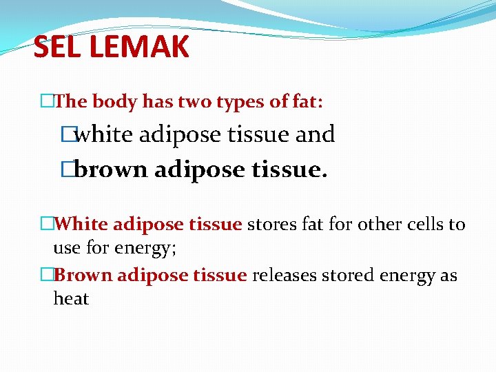 SEL LEMAK �The body has two types of fat: �white adipose tissue and �brown