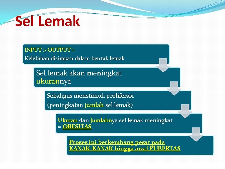 Sel Lemak INPUT > OUTPUT = Kelebihan disimpan dalam bentuk lemak Sel lemak akan