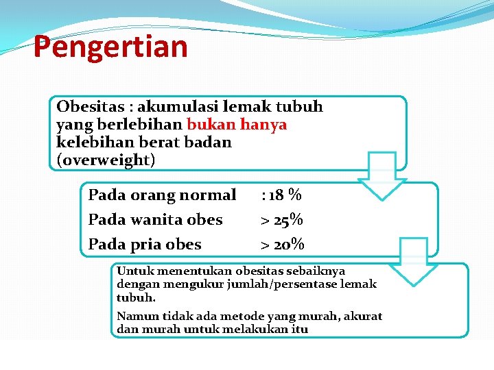 Pengertian Obesitas : akumulasi lemak tubuh yang berlebihan bukan hanya kelebihan berat badan (overweight)