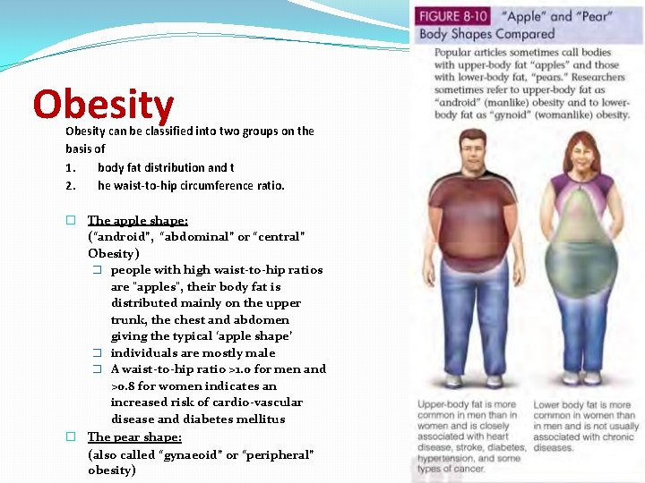 Obesity can be classified into two groups on the basis of 1. body fat