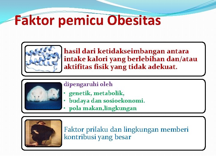 Faktor pemicu Obesitas hasil dari ketidakseimbangan antara intake kalori yang berlebihan dan/atau aktifitas fisik