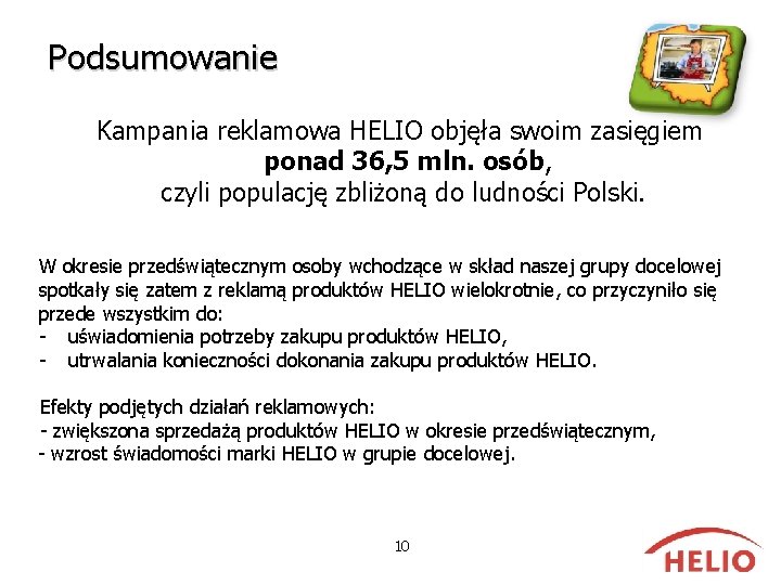 Podsumowanie Kampania reklamowa HELIO objęła swoim zasięgiem ponad 36, 5 mln. osób, czyli populację