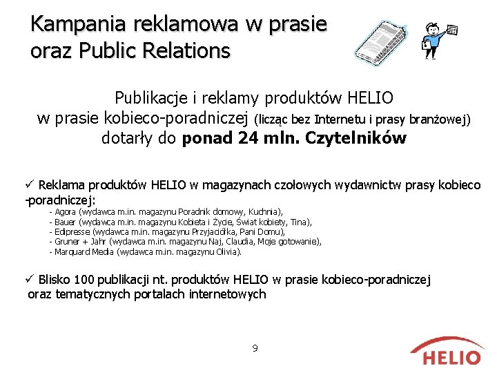 Kampania reklamowa w prasie oraz Public Relations Publikacje i reklamy produktów HELIO w prasie